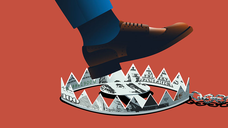 Cartoon of a foot walking into a money trap