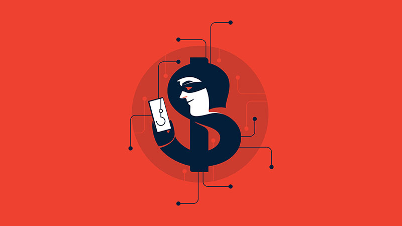 Money sign with a fraud agent holding a phone