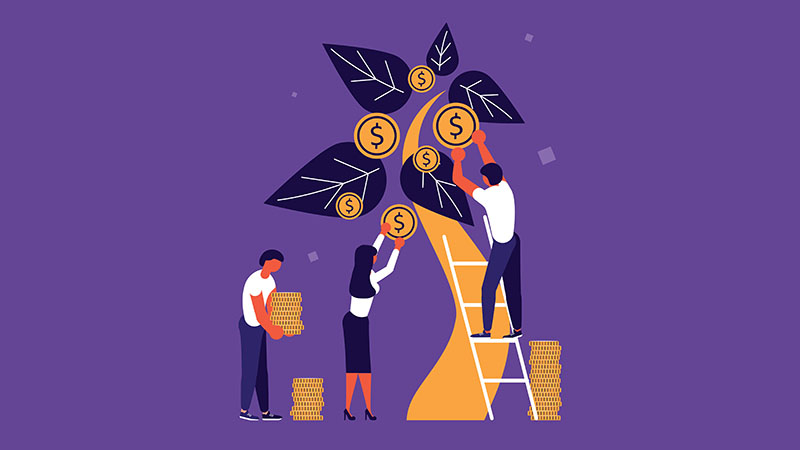 People picking coins out of a money tree