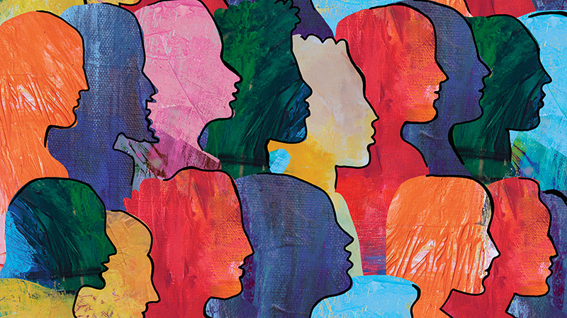 A colorful painting of faces