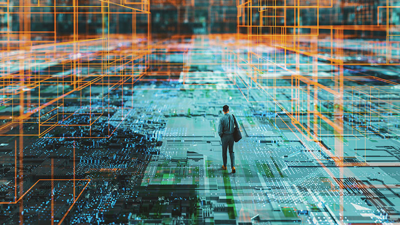 A man standing on a microchip